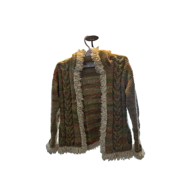 Women's Free People Green Orange Striped Cable Knit Open Cardigan XL - Picture 2 of 6